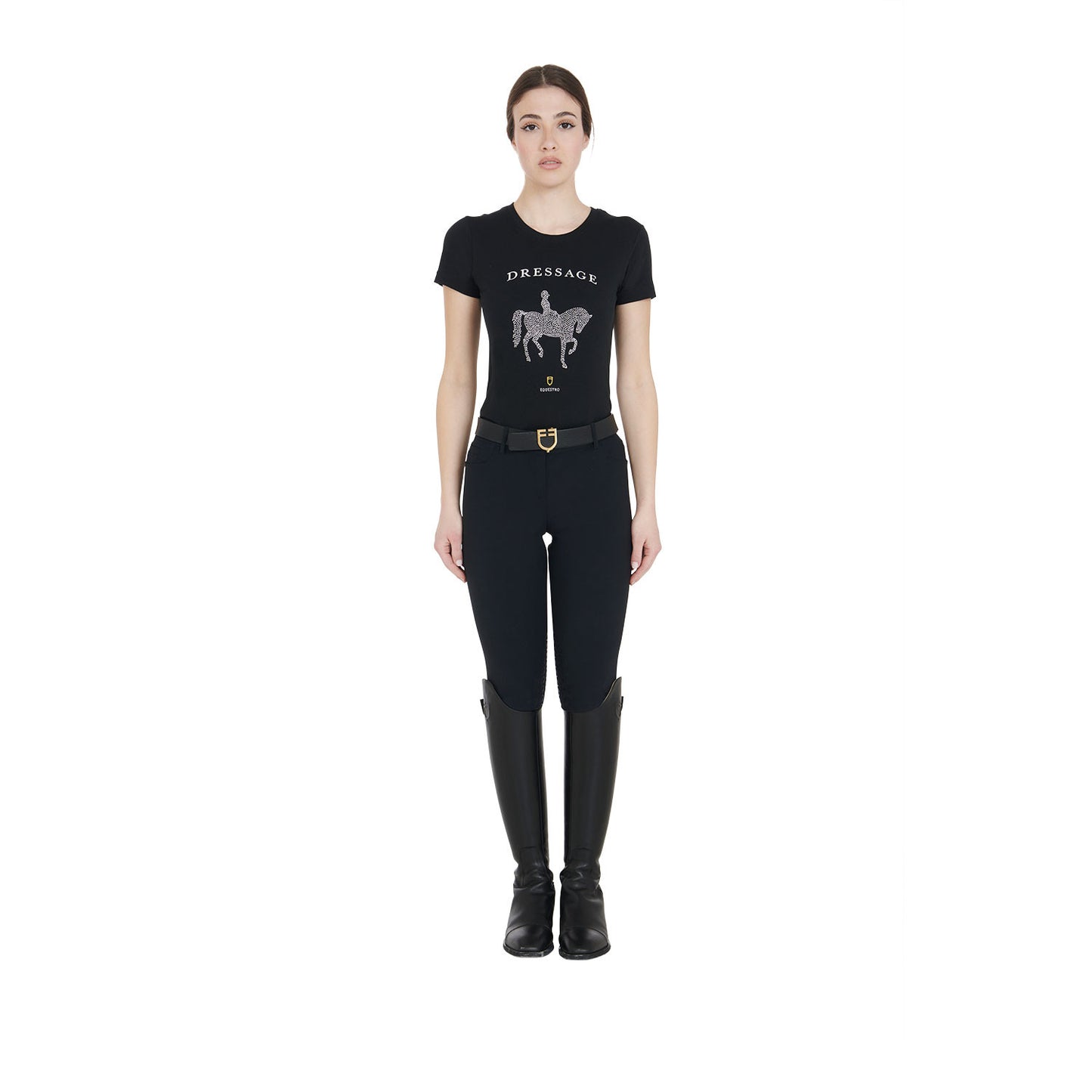Camiseta de mujer entallada diseño dressage con strass Equestro - Negro