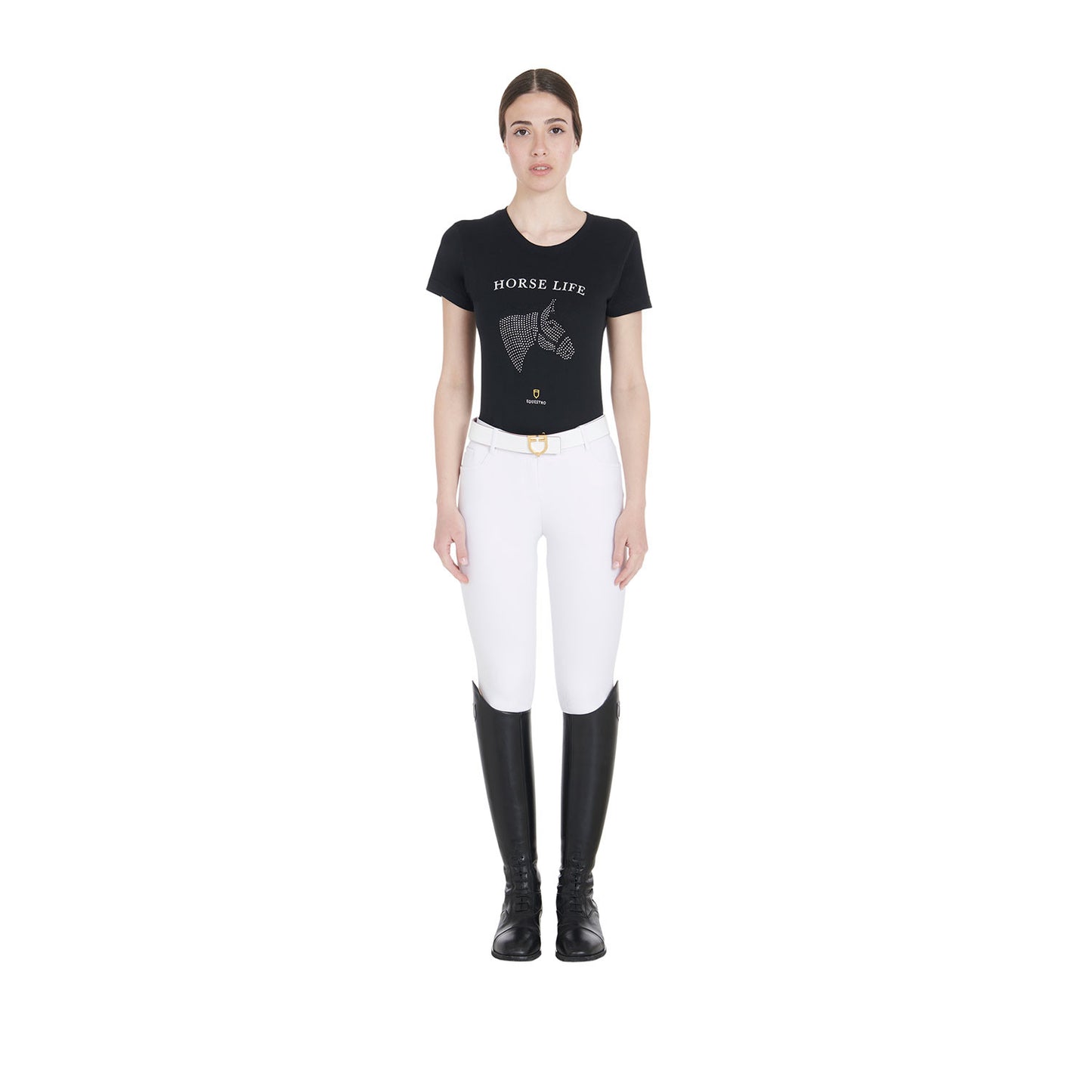 Camiseta mujer slim fit Horse Life con strass Equestro - Negro