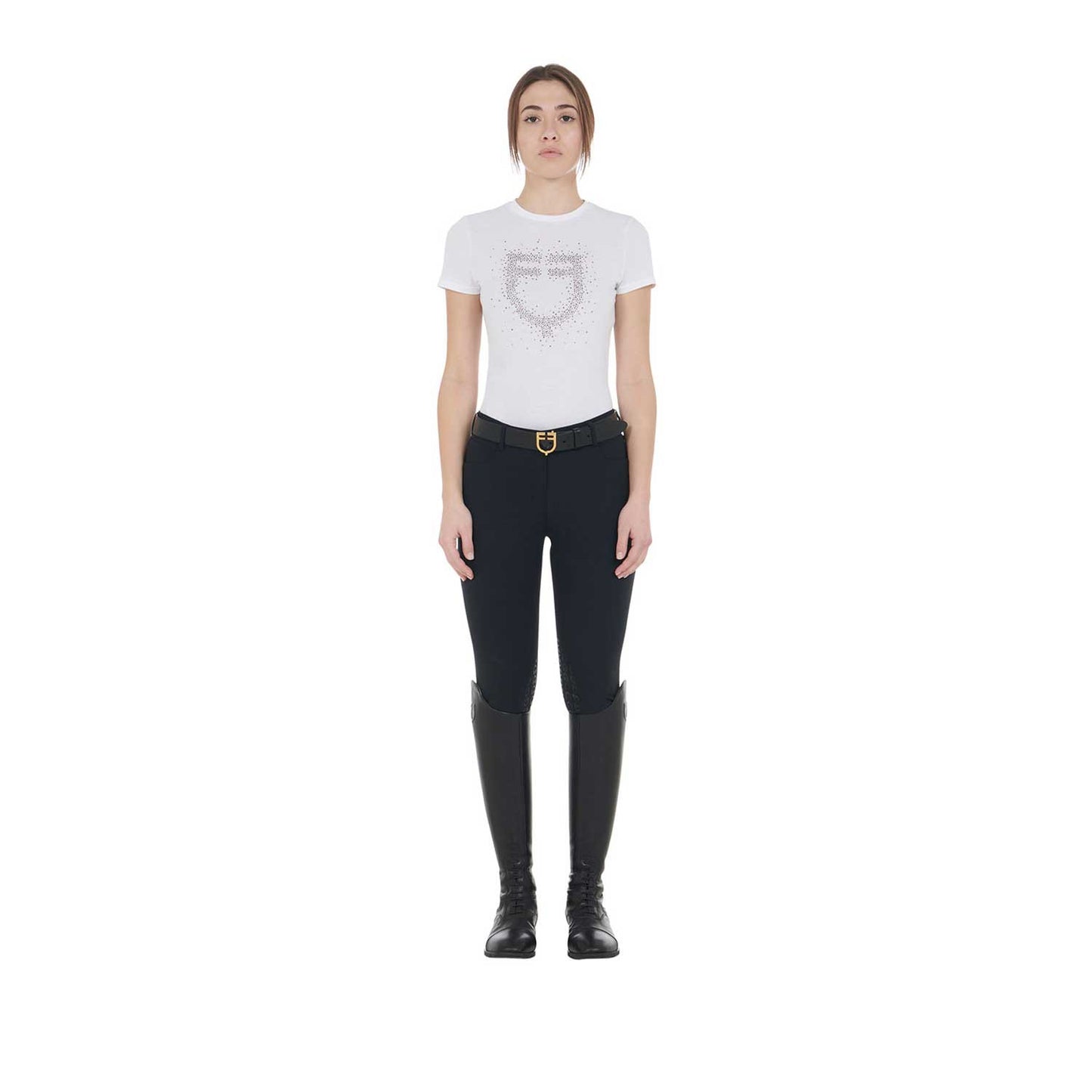 Camiseta mujer entallada logo de strass rosa Equestro - Blanco