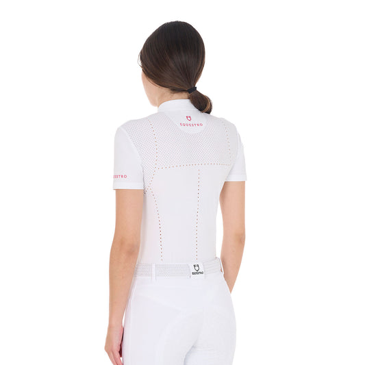 Polo de concurso mujer slim fit en tejido perforado y cremallera Equestro - White/Honeysuckle