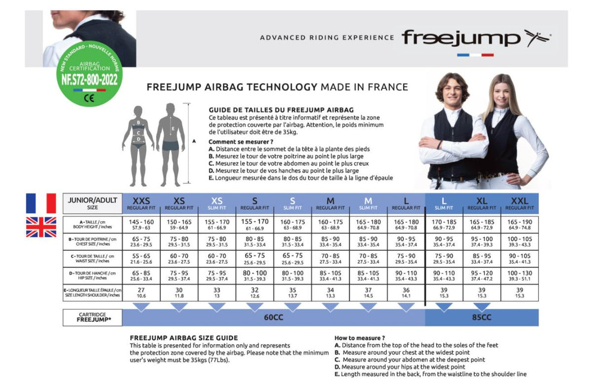 Guia de tallas oficial Freejump y norma NF S72-800-2022