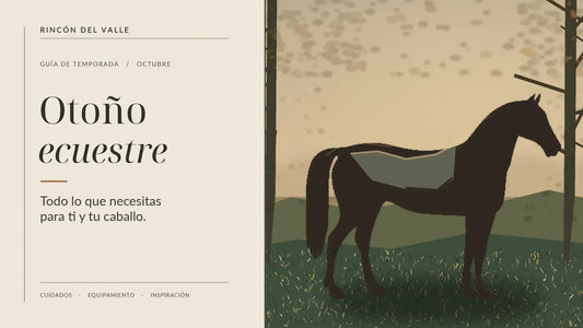 Ilustración «Otoño ecuestre» de Rincón del Valle: caballo oscuro con manta en un prado otoñal entre árboles