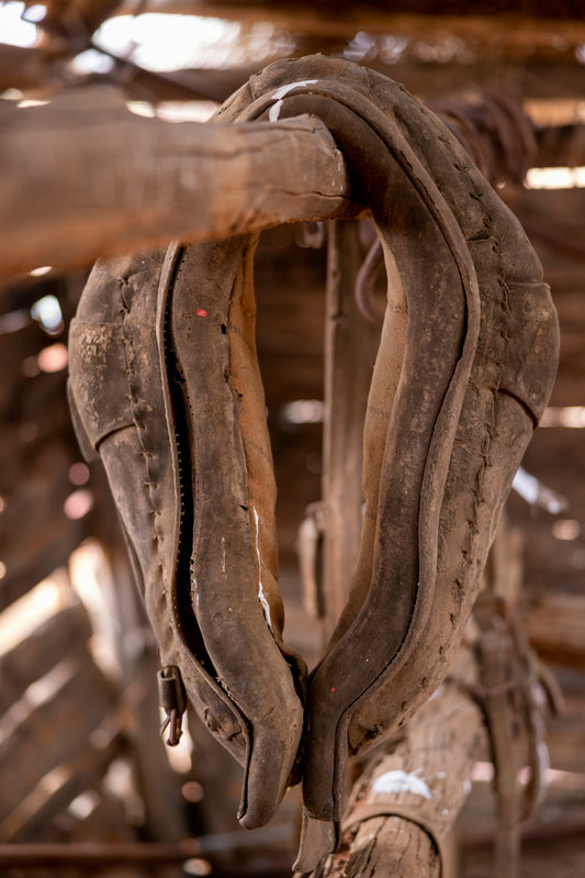 a pair of old shoes hanging from a ceiling