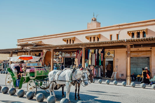 Horse-drawn carriage parked outside market stalls