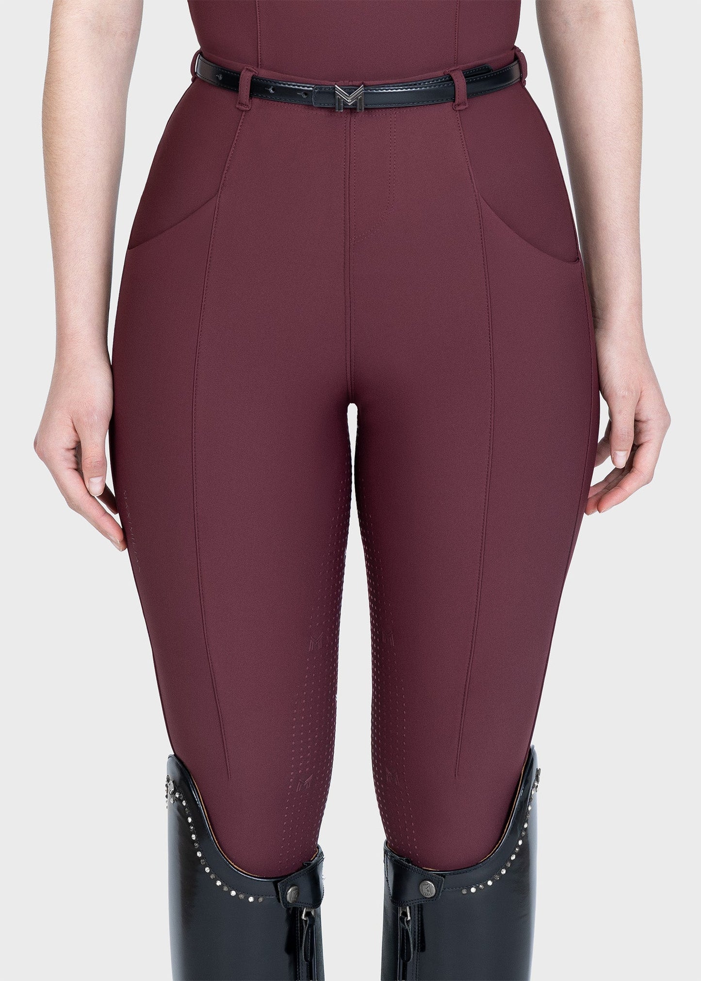 Mallas Maximilian Equestrian Halo leggings de equitación + Belt (Rosewood) para equitación