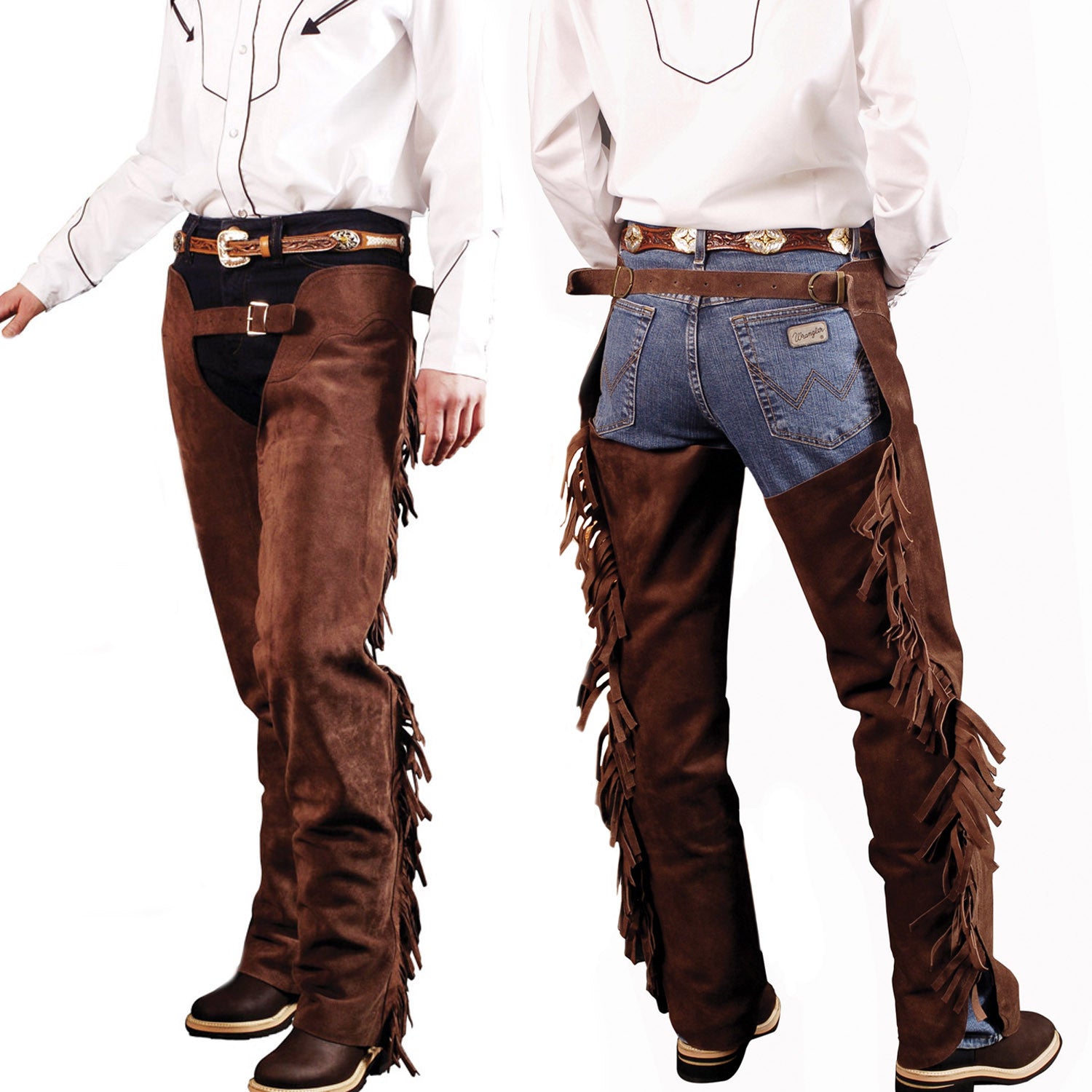 Chaps de cuero gamuzado con flecos Lakota