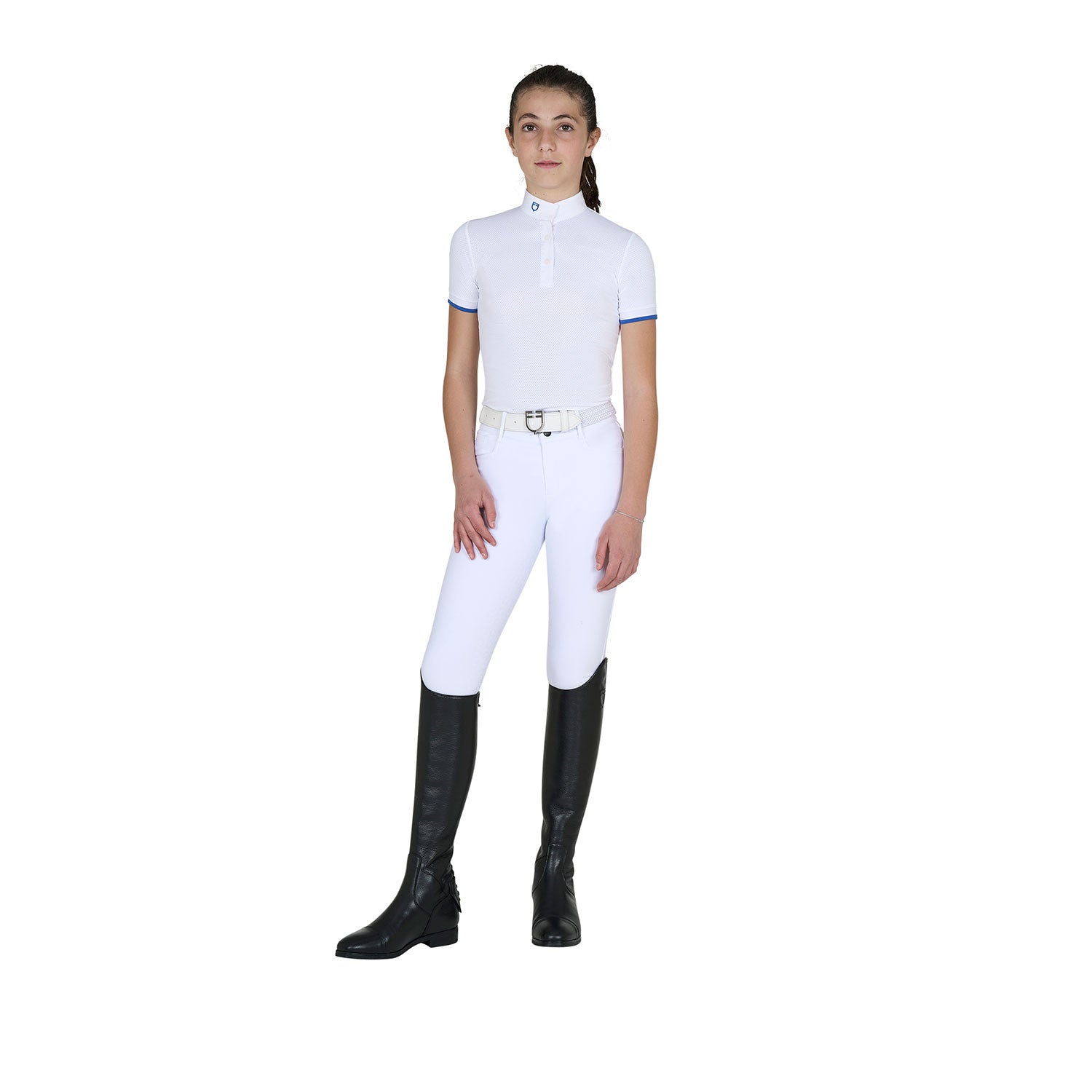 Polo para niña de concurso slim fit transpirable Equestro - White/Blue Quartz