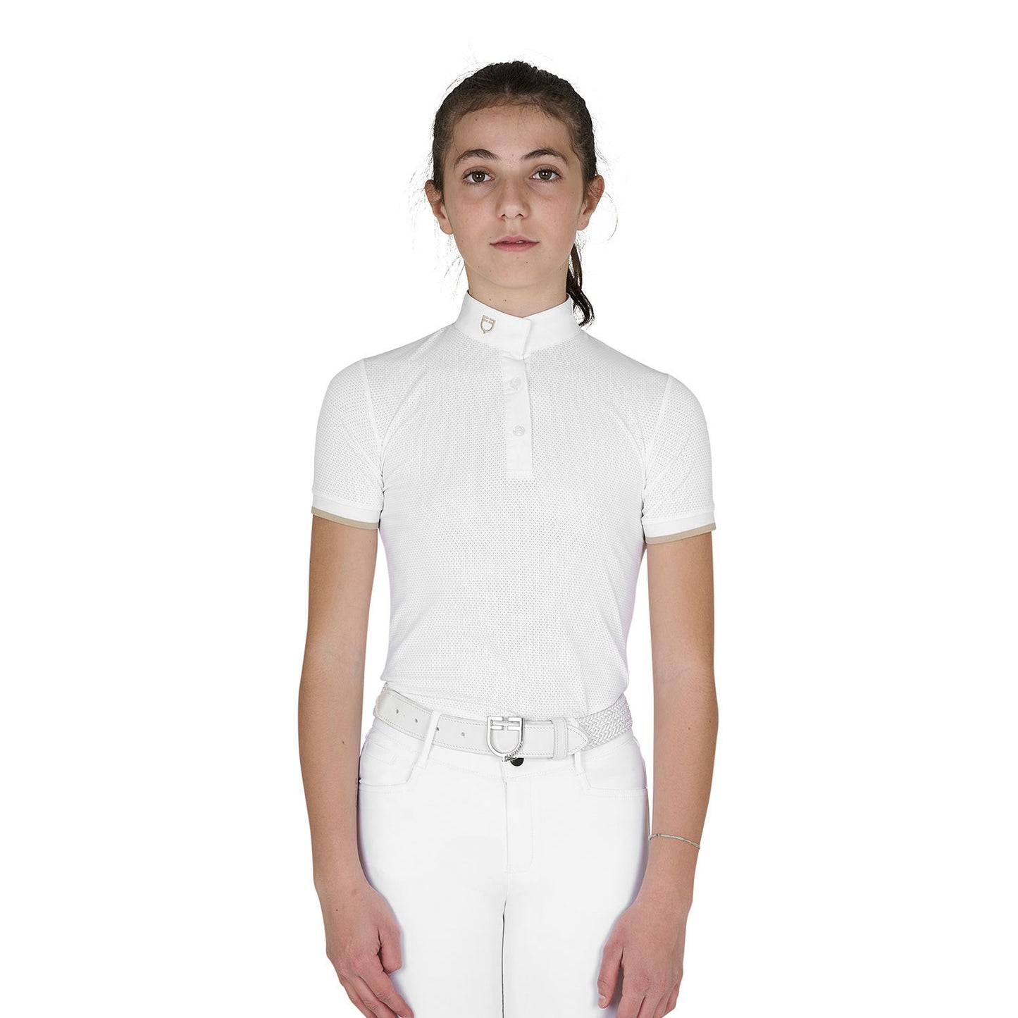 Polo para niña de concurso slim fit transpirable Equestro - White/Oxford Tan