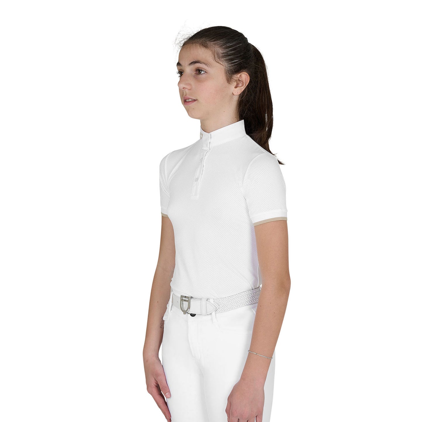 Polo para niña de concurso slim fit transpirable Equestro - White/Oxford Tan