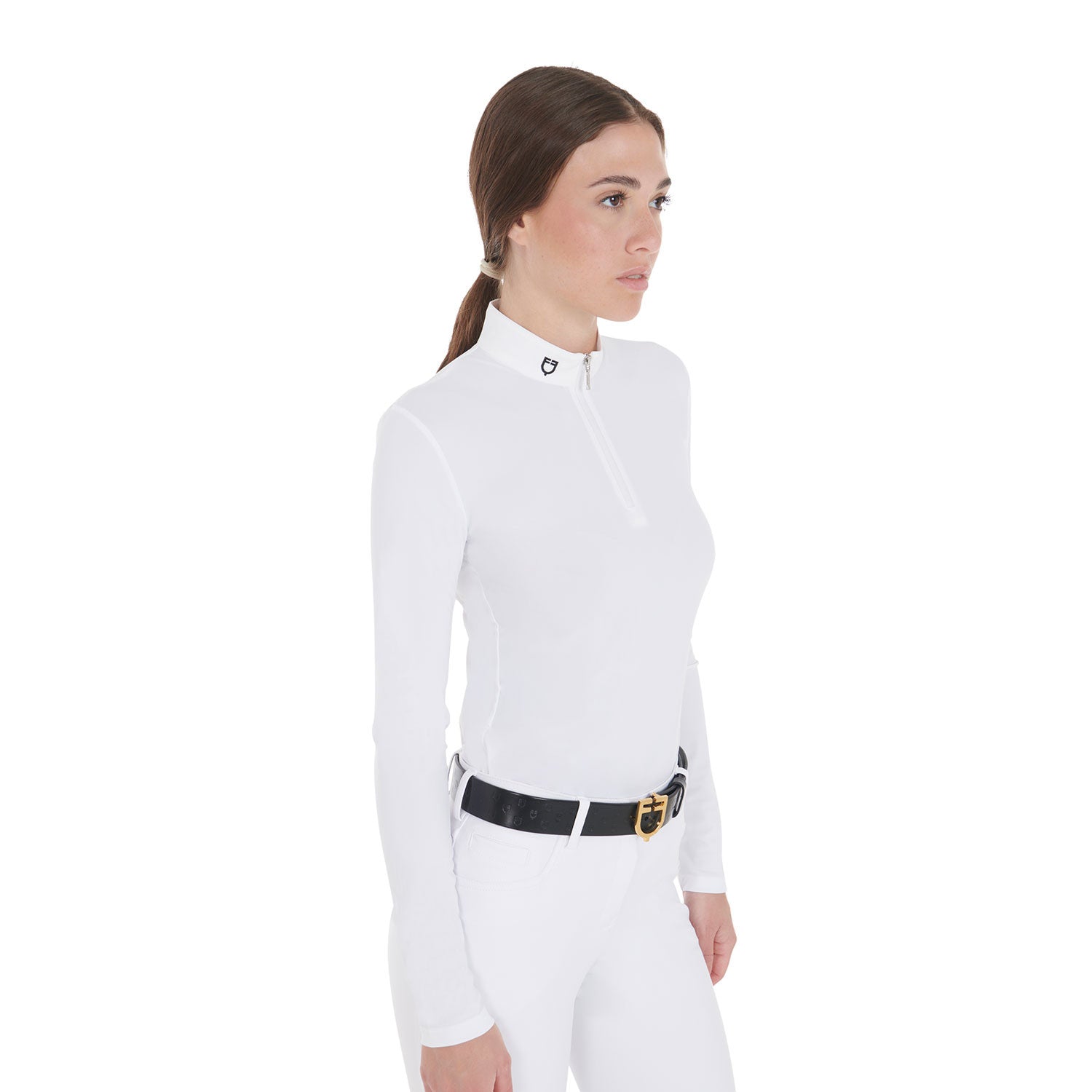 Polo de mujer de concurso entallado de manga larga Equestro - Blanco