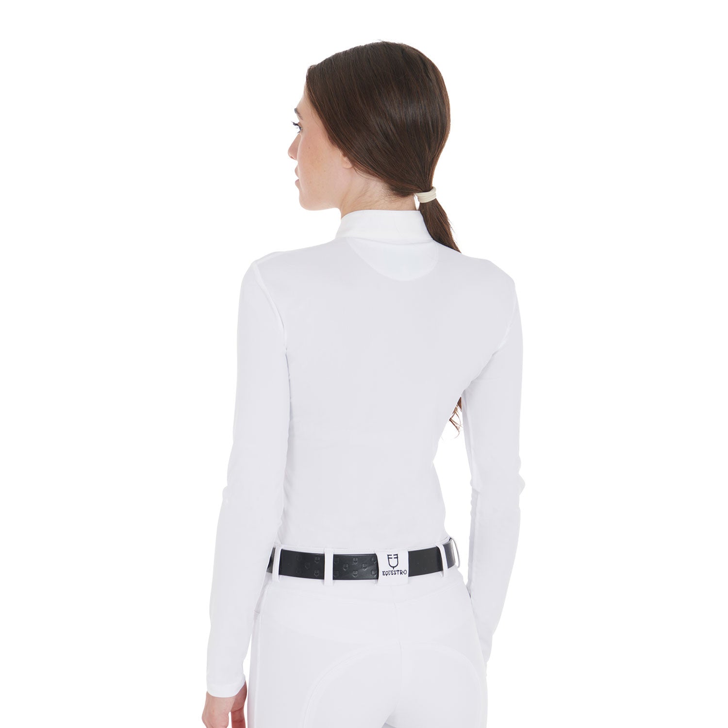 Polo de mujer de concurso entallado de manga larga Equestro - Blanco