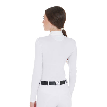 Polo de mujer de concurso entallado de manga larga Equestro - Blanco