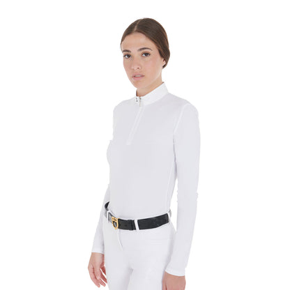 Polo de mujer de concurso entallado de manga larga Equestro - Blanco