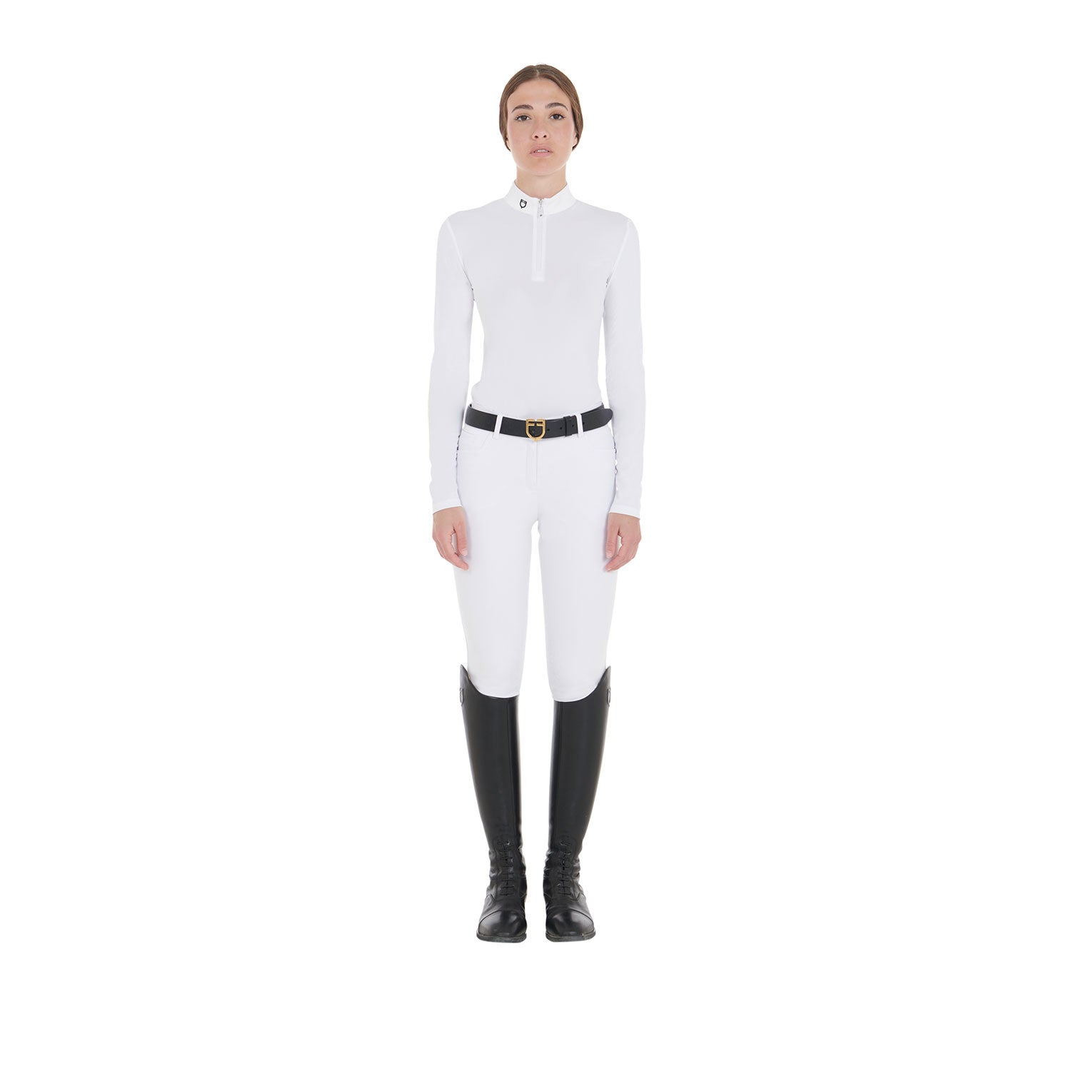 Polo de mujer de concurso entallado de manga larga Equestro - Blanco