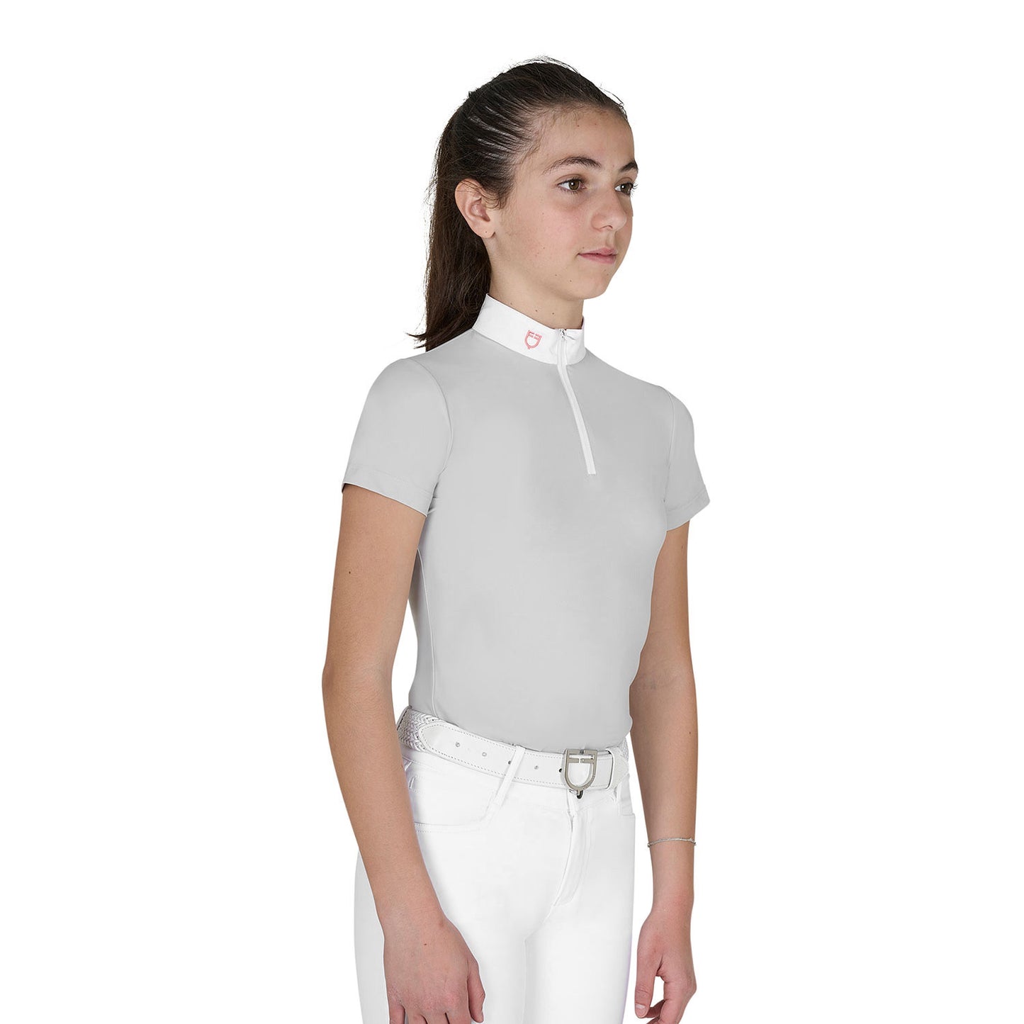 Polo de niña de concurso slim fit con cremallera Equestro - Harbor Mist (14-4202)/Desert Flower