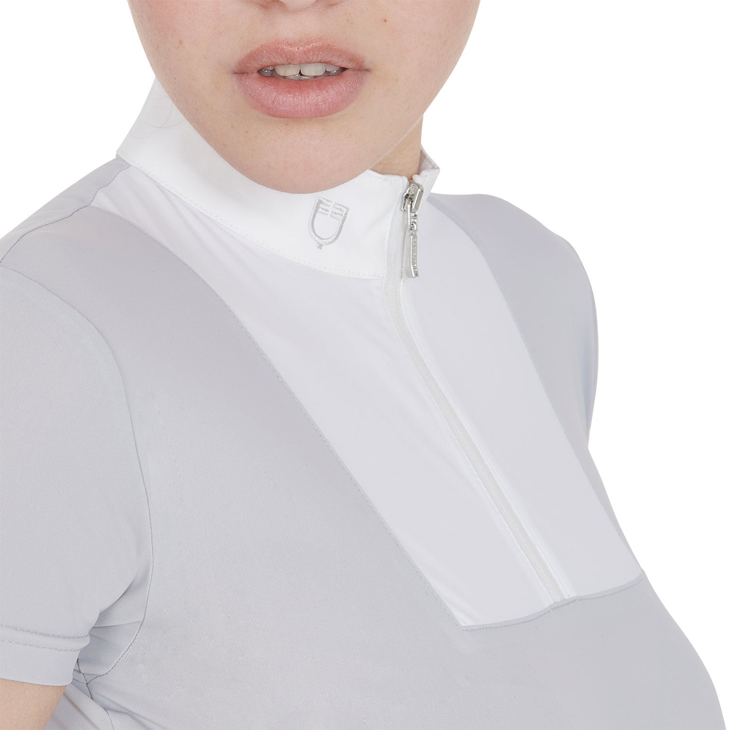 Polo de mujer de concurso entallada de manga corta Equestro - Grey/White