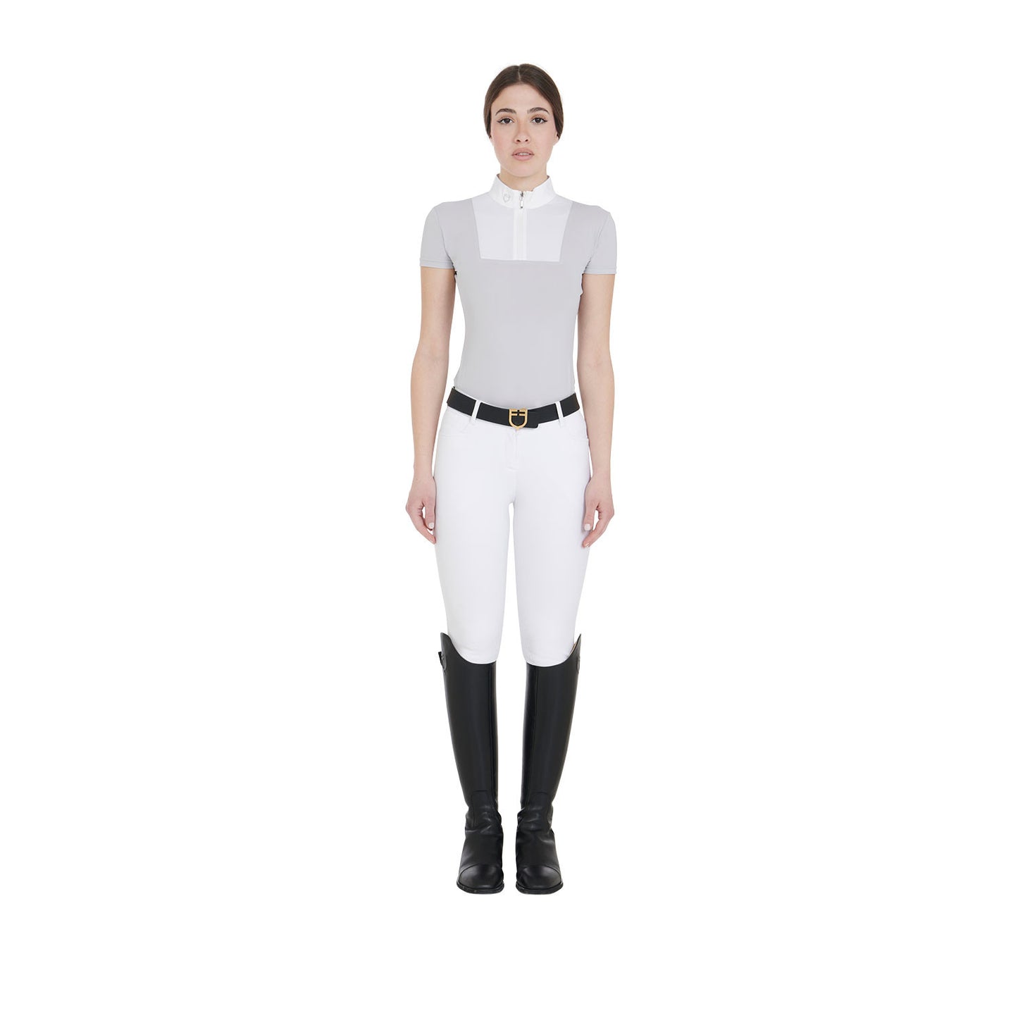Polo de mujer de concurso entallada de manga corta Equestro - Grey/White