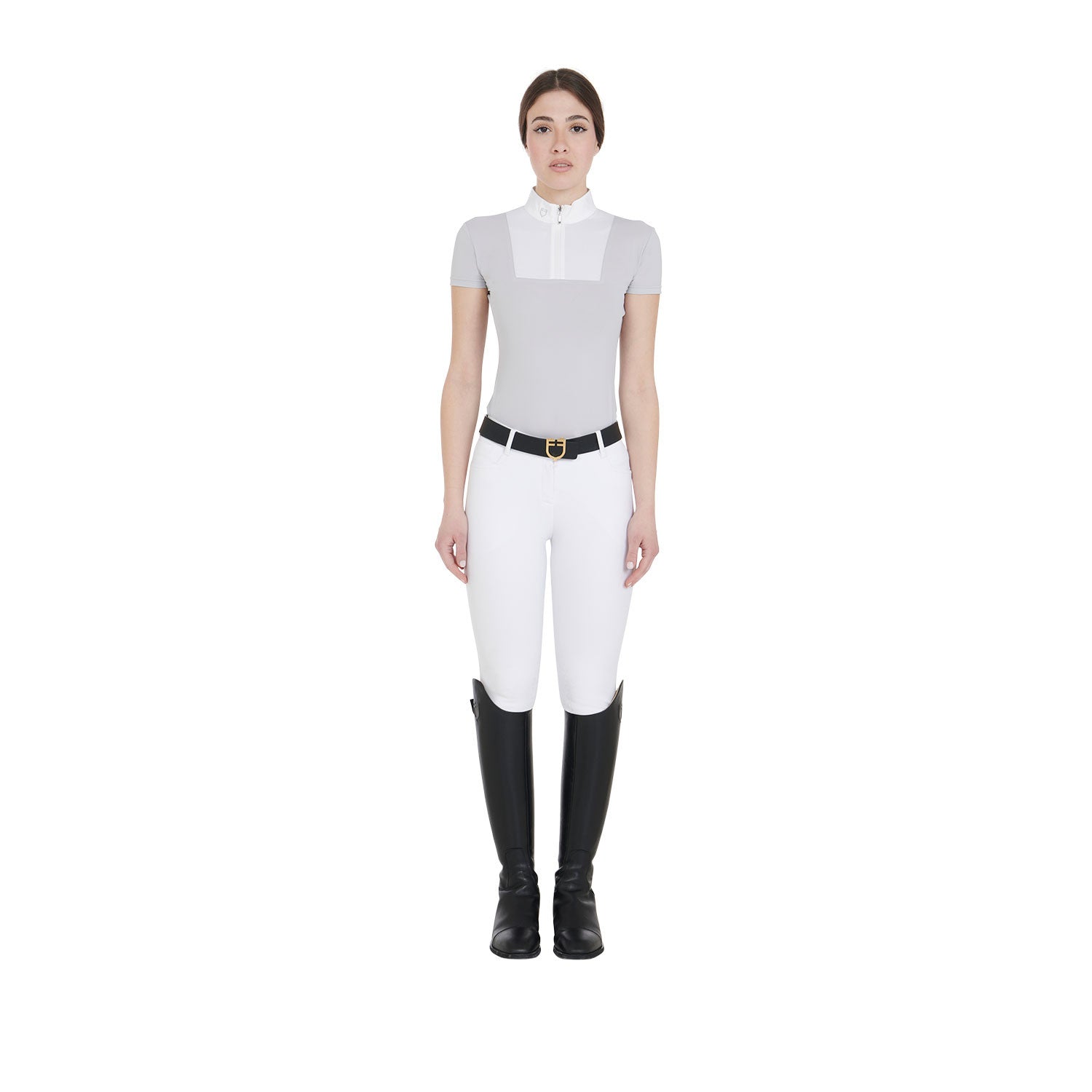 Polo de mujer de concurso entallada de manga corta Equestro - Grey/White