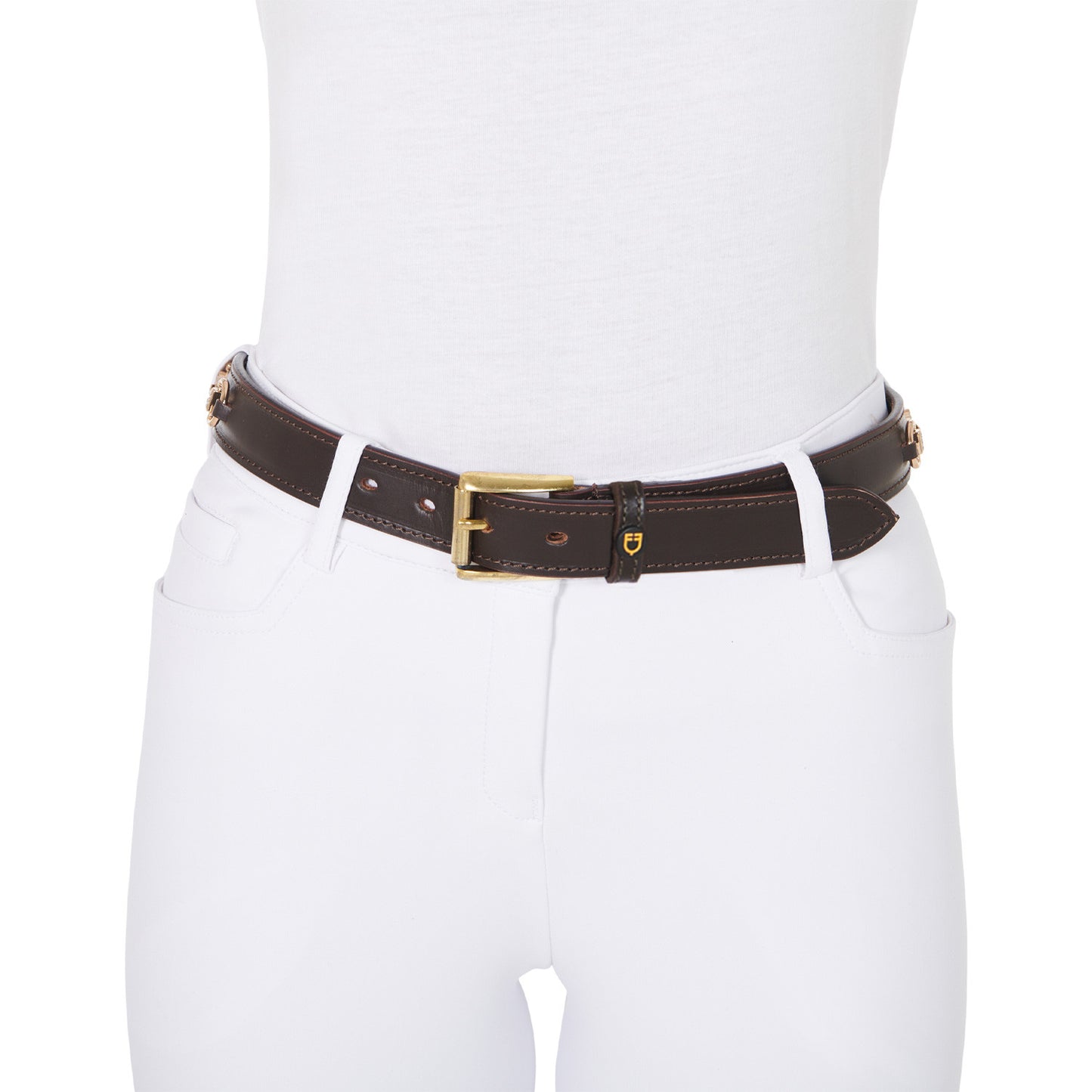 Cinturón de cuero con detalles de hilos y strass Equestro - Brown/Gold