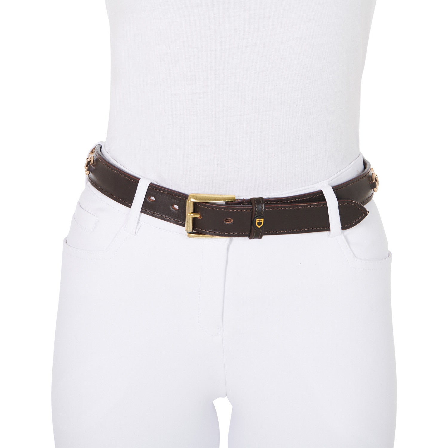 Cinturón de cuero con detalles de hilos y strass Equestro - Brown/Gold