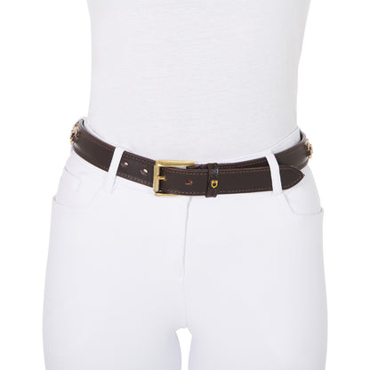 Cinturón de cuero con detalles de hilos y strass Equestro - Brown/Gold