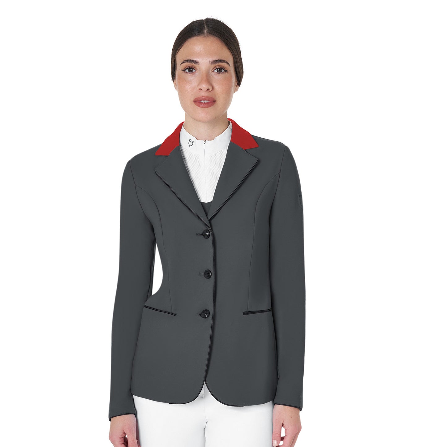 Chaqueta de mujer de concurso de tres botones Equestro - Grey/Burgundy