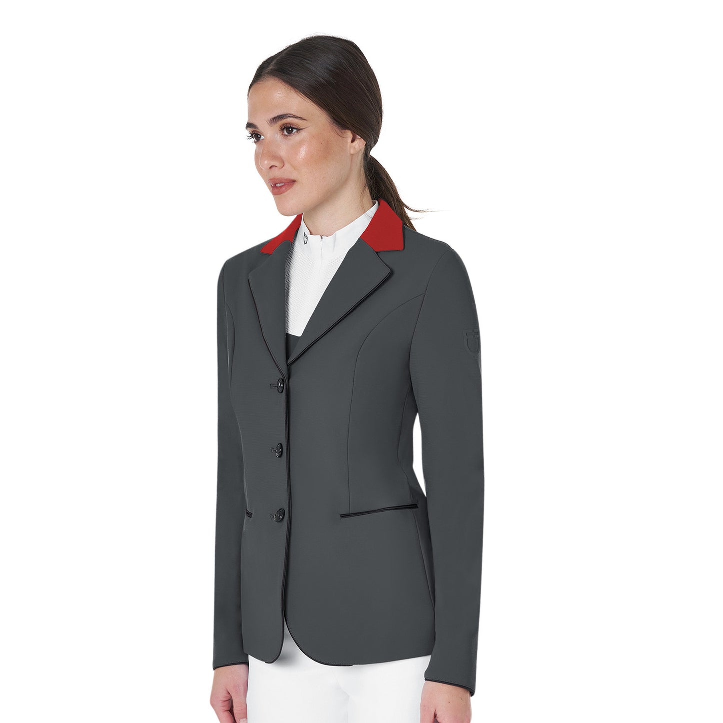 Chaqueta de mujer de concurso de tres botones Equestro - Grey/Burgundy