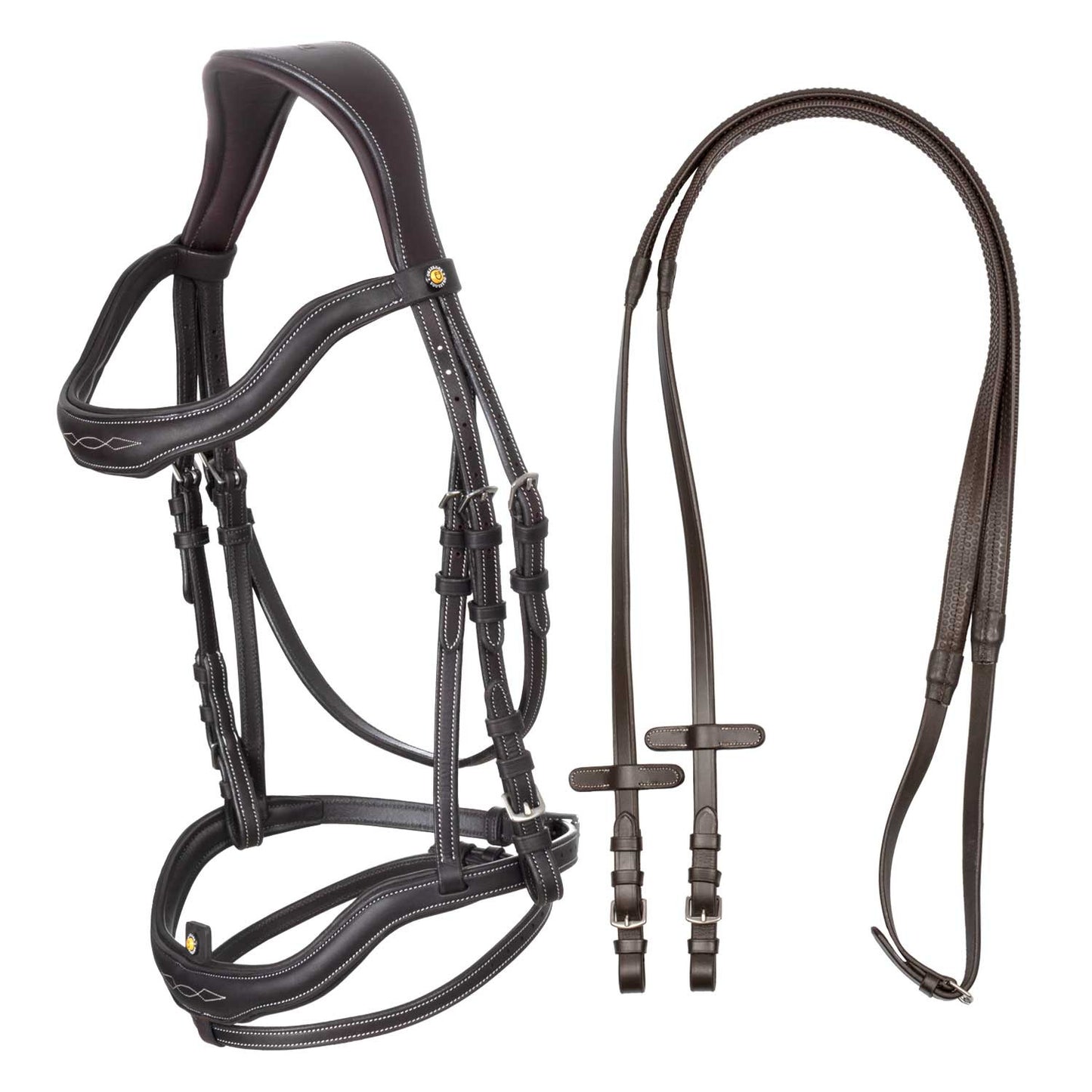 Cabezada inglesa de cuero suave con costuras decorativas Equestro - Marrón oscuro
