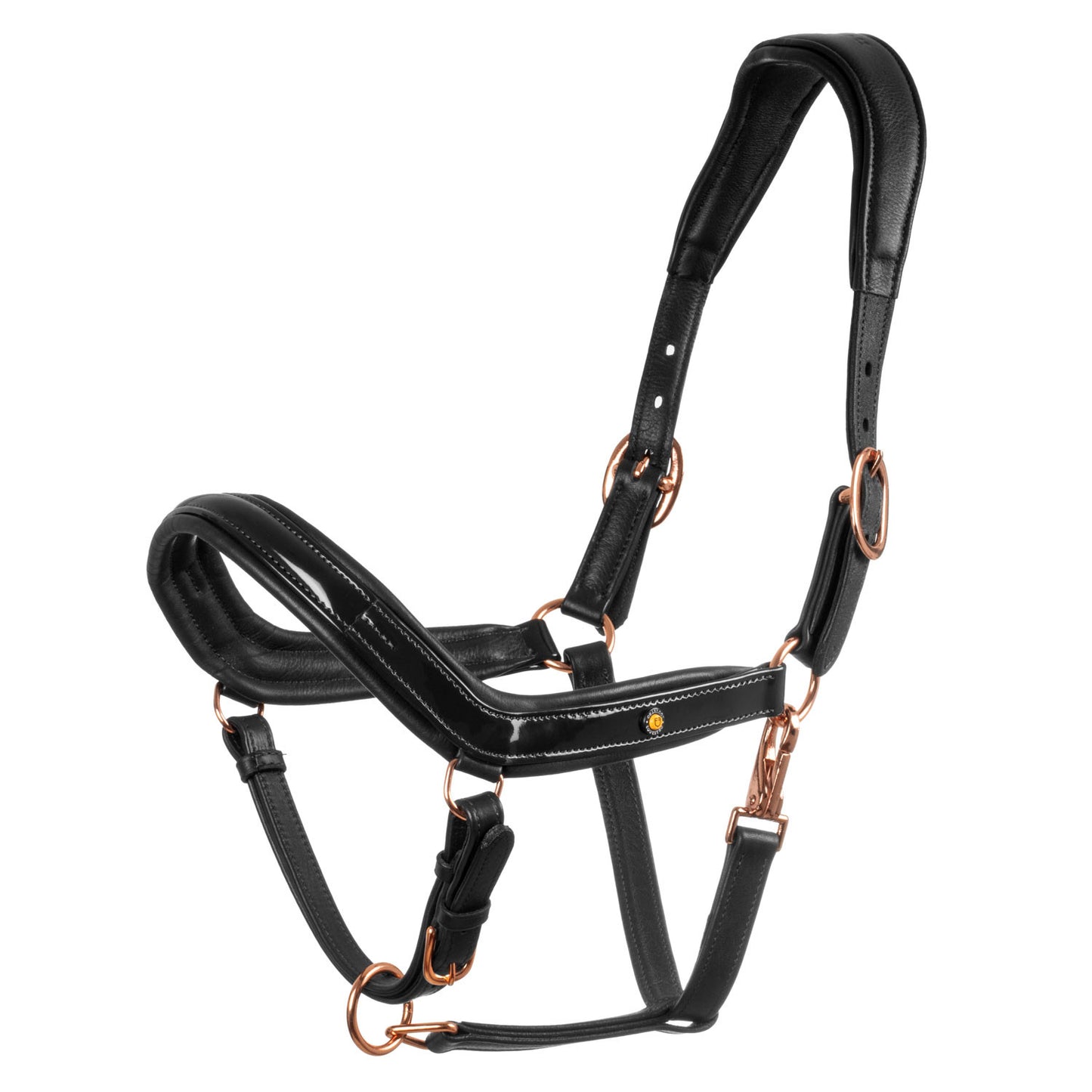 Cabezada cuero brillante hebillas oro rosa Equestro