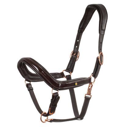 Cabezada cuero brillante hebillas oro rosa Equestro - Marrón oscuro