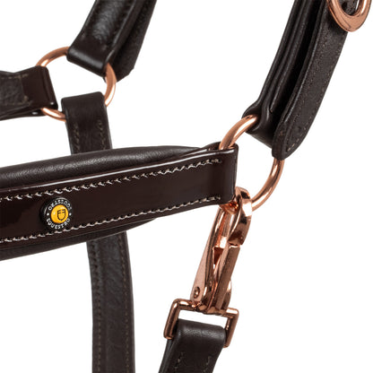 Cabezada cuero brillante hebillas oro rosa Equestro - Marrón oscuro