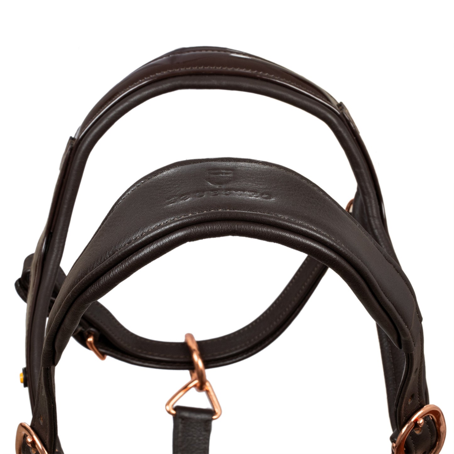 Cabezada cuero brillante hebillas oro rosa Equestro - Marrón oscuro