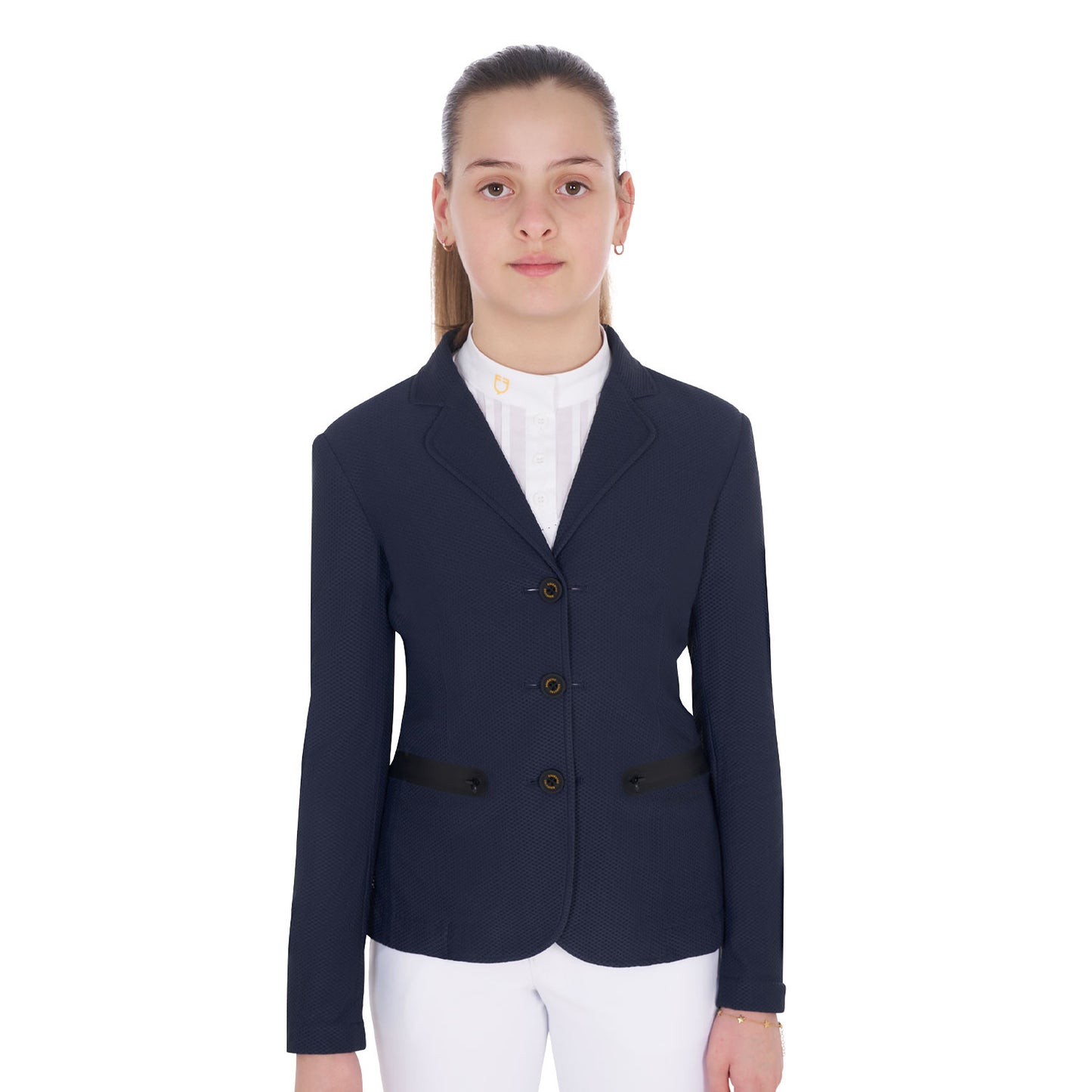 Chaqueta de niña de concurso de tres botones perforada Equestro - Navy Blazer