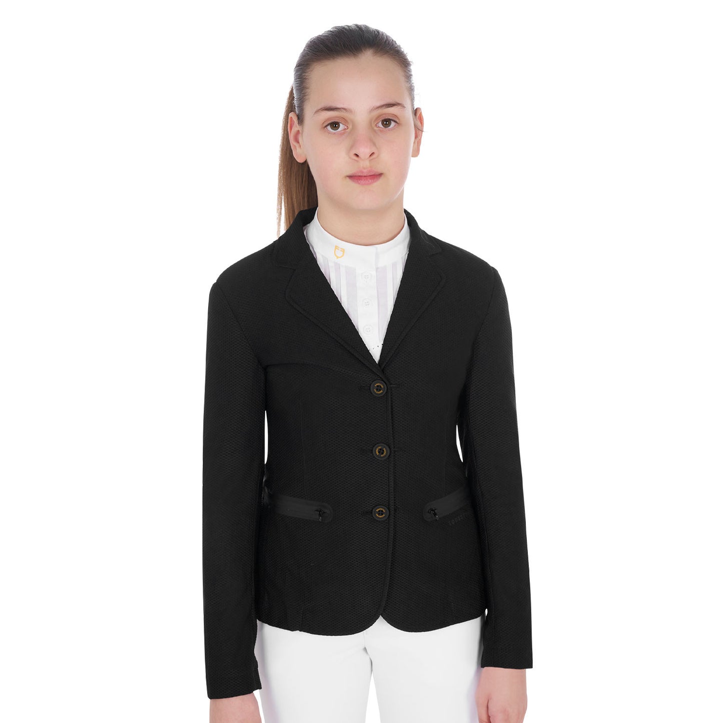 Chaqueta de niña de concurso de tres botones perforada Equestro - Negro
