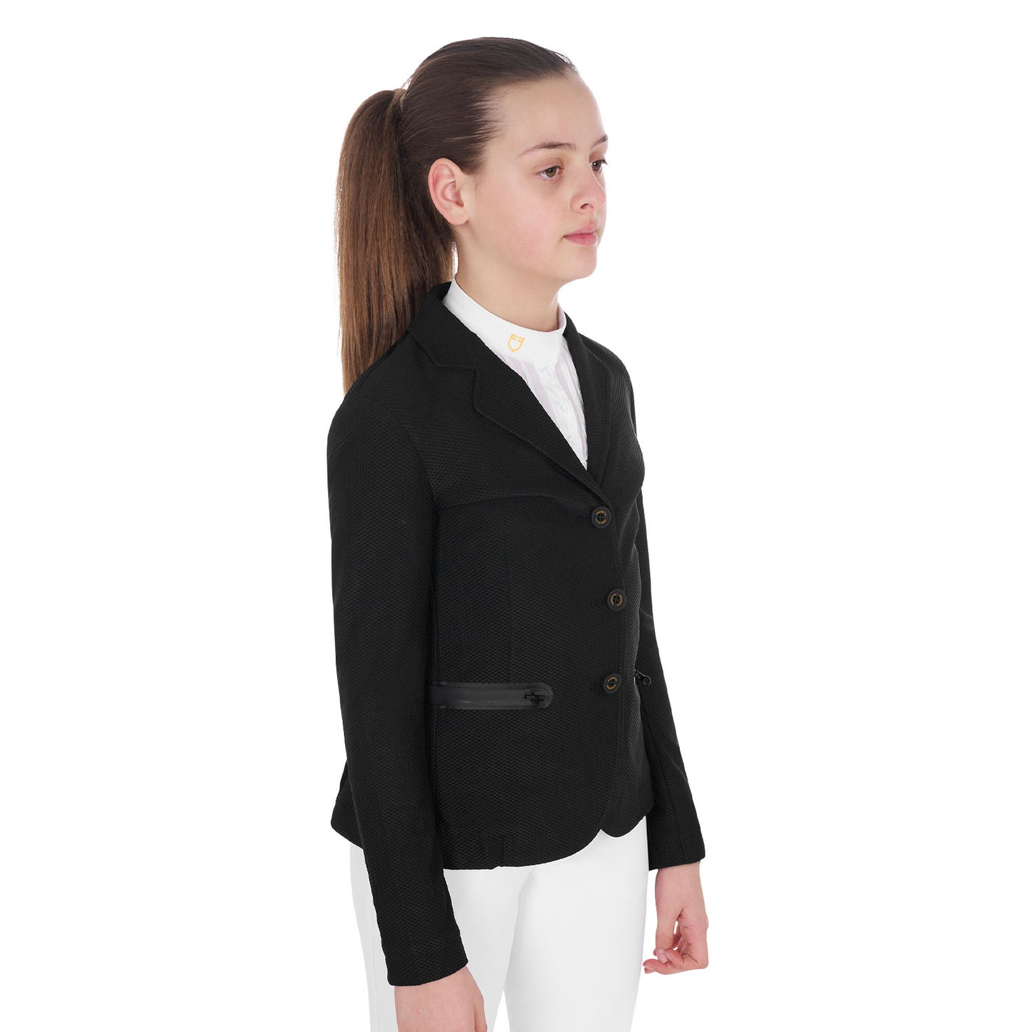 Chaqueta de niña de concurso de tres botones perforada Equestro - Negro
