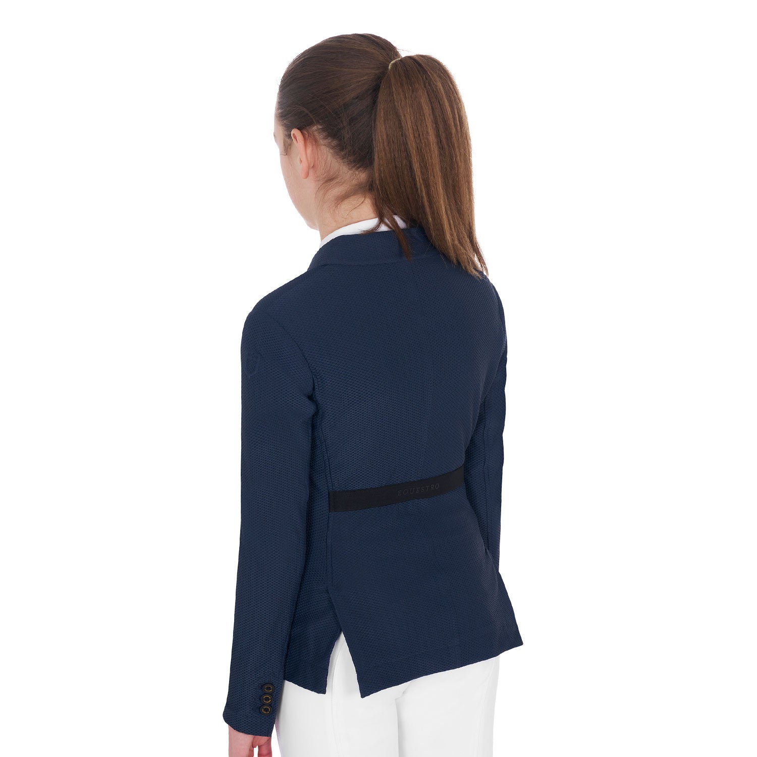 Chaqueta de niña de concurso de tres botones perforada Equestro - Azul marino