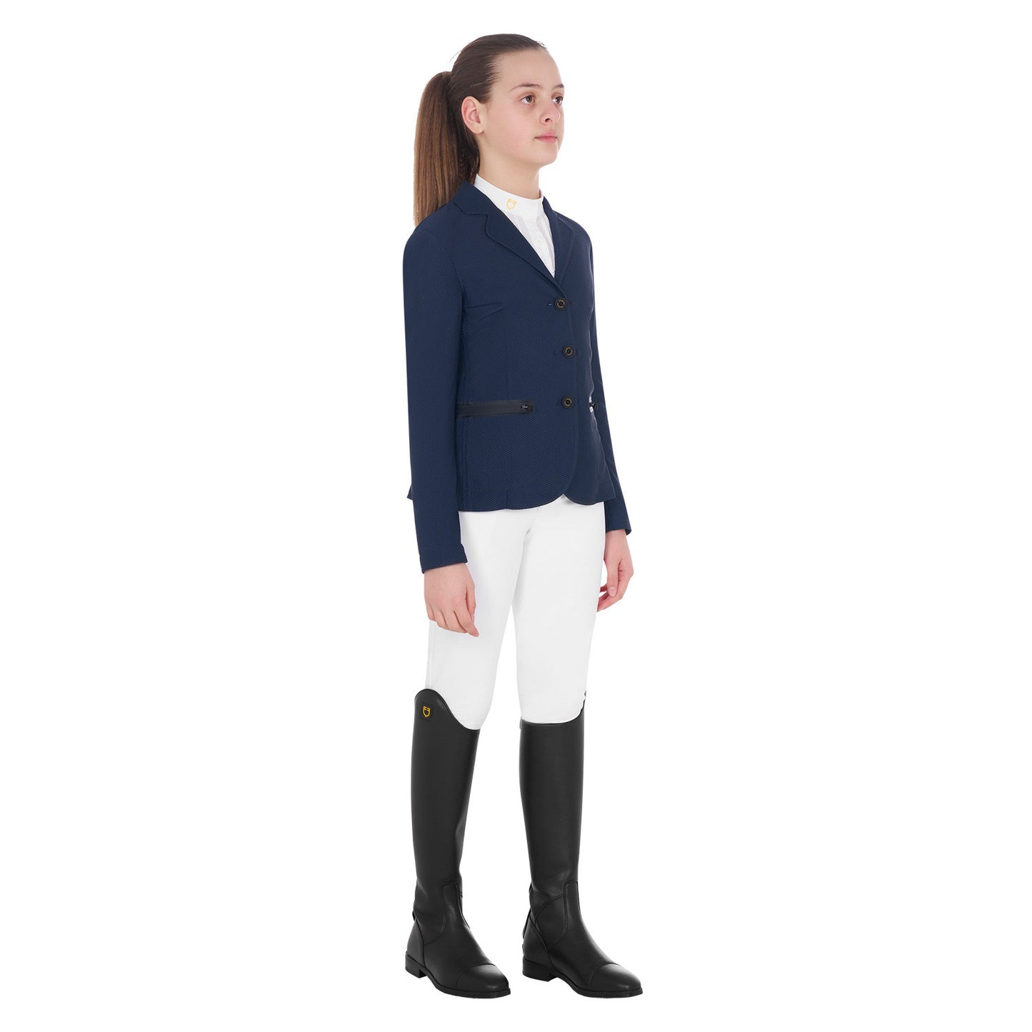 Chaqueta de niña de concurso de tres botones perforada Equestro - Azul marino