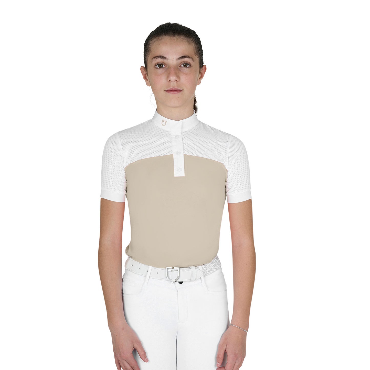 Polo niña de concurso slim fit tejido perforado Equestro - Oxford Tan