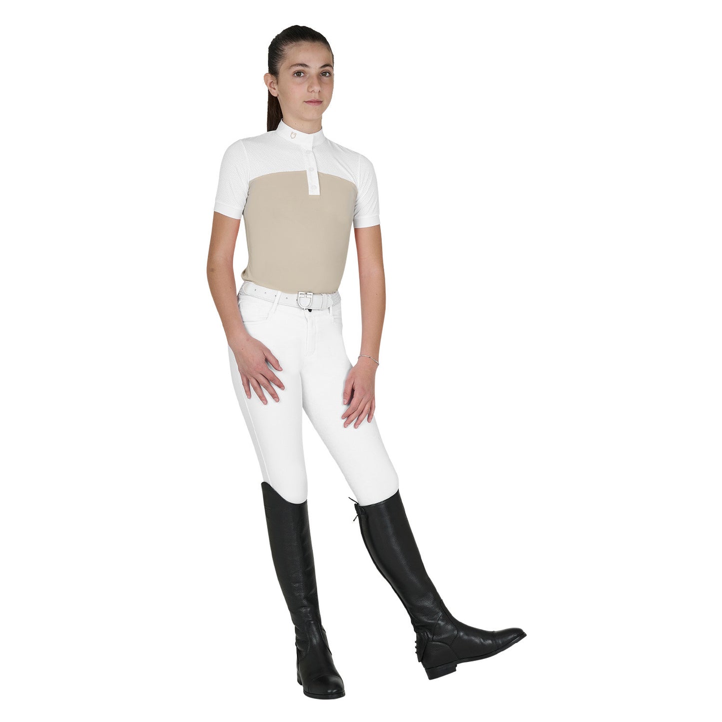 Polo niña de concurso slim fit tejido perforado Equestro - Oxford Tan