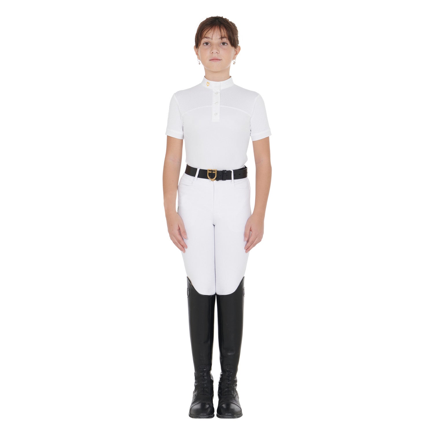 Polo niña de concurso slim fit tejido perforado Equestro - Blanco