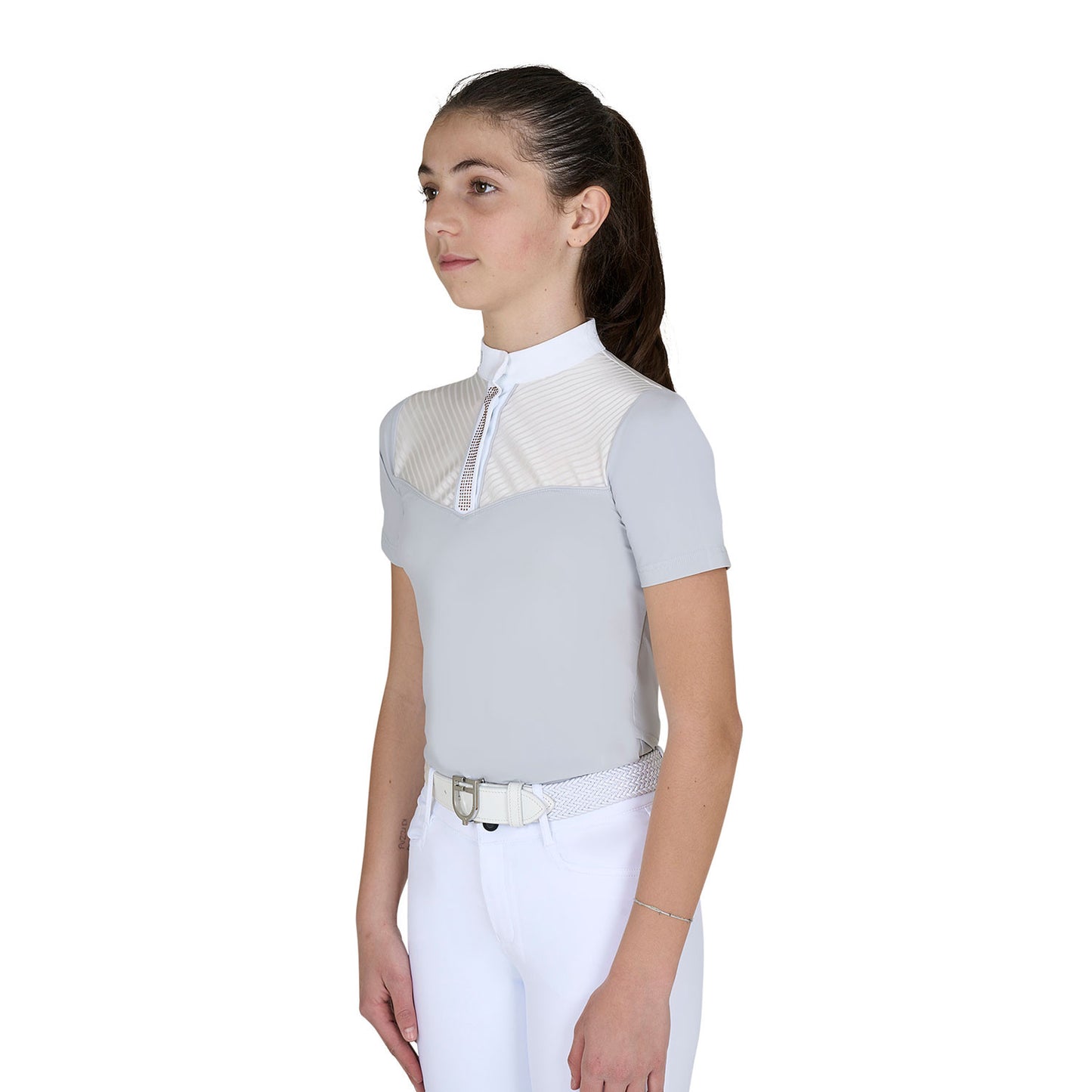 Polo concurso niña slim fit con insertos de tejido tipo seda Equestro - Harbor Mist