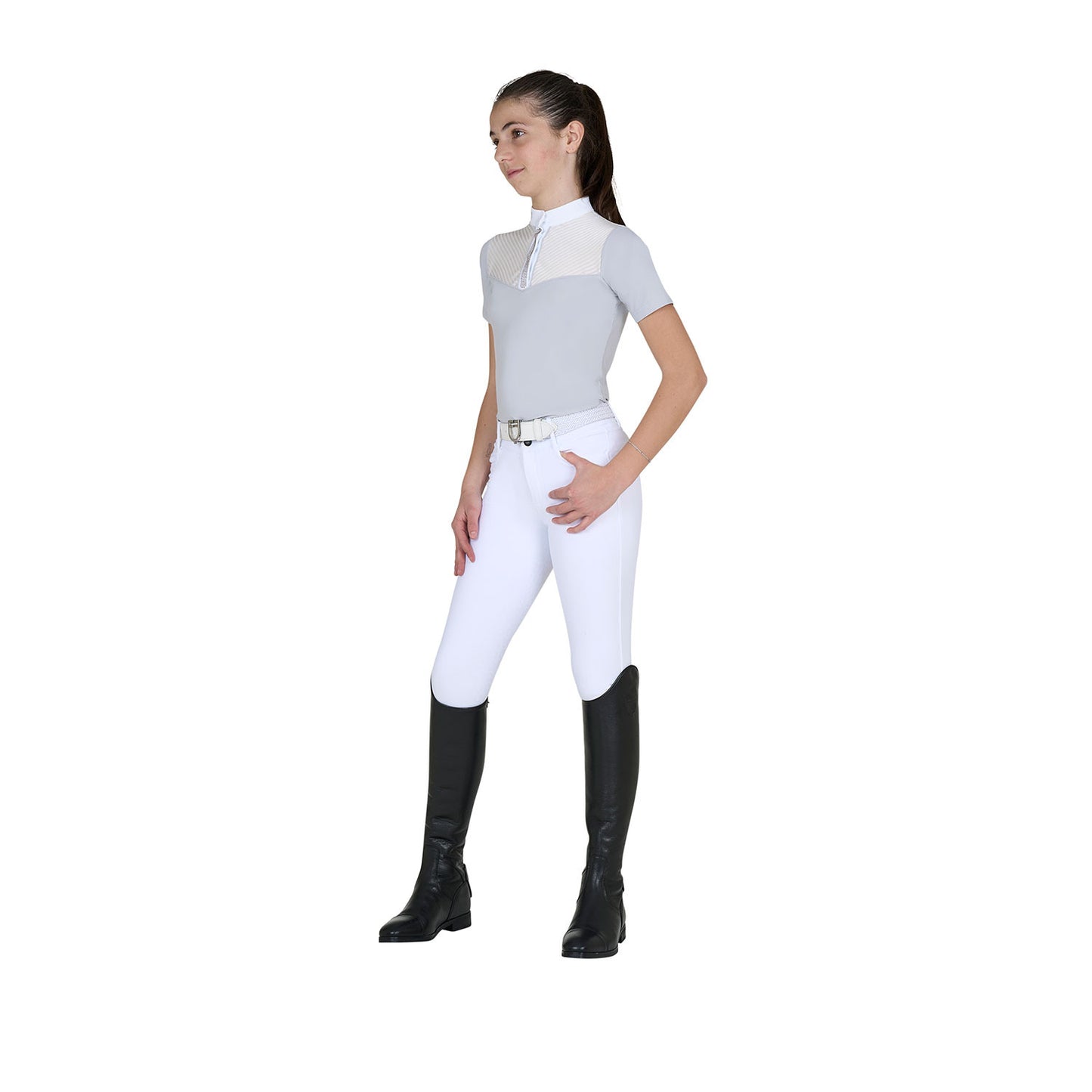 Polo concurso niña slim fit con insertos de tejido tipo seda Equestro - Harbor Mist