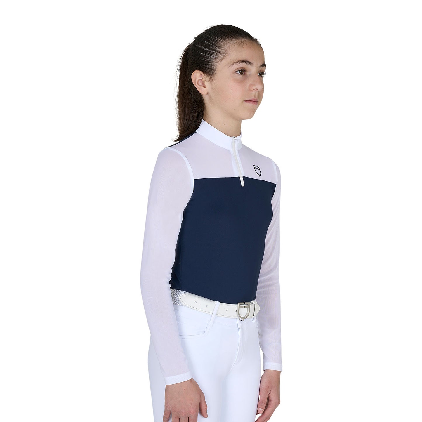 Polo concurso para niña de manga larga con insertos de micro malla Equestro - Navy Blazer