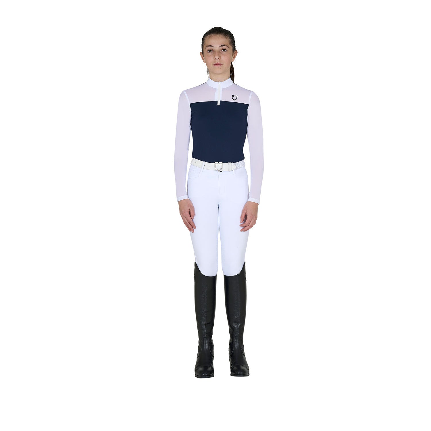 Polo concurso para niña de manga larga con insertos de micro malla Equestro - Navy Blazer