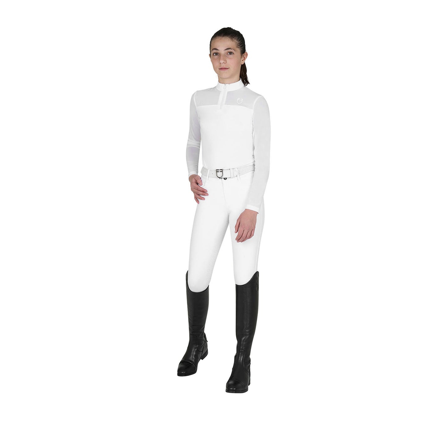 Polo concurso para niña de manga larga con insertos de micro malla Equestro - Blanco