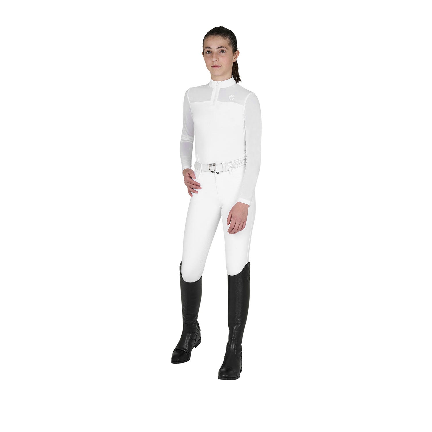 Polo concurso para niña de manga larga con insertos de micro malla Equestro - Blanco