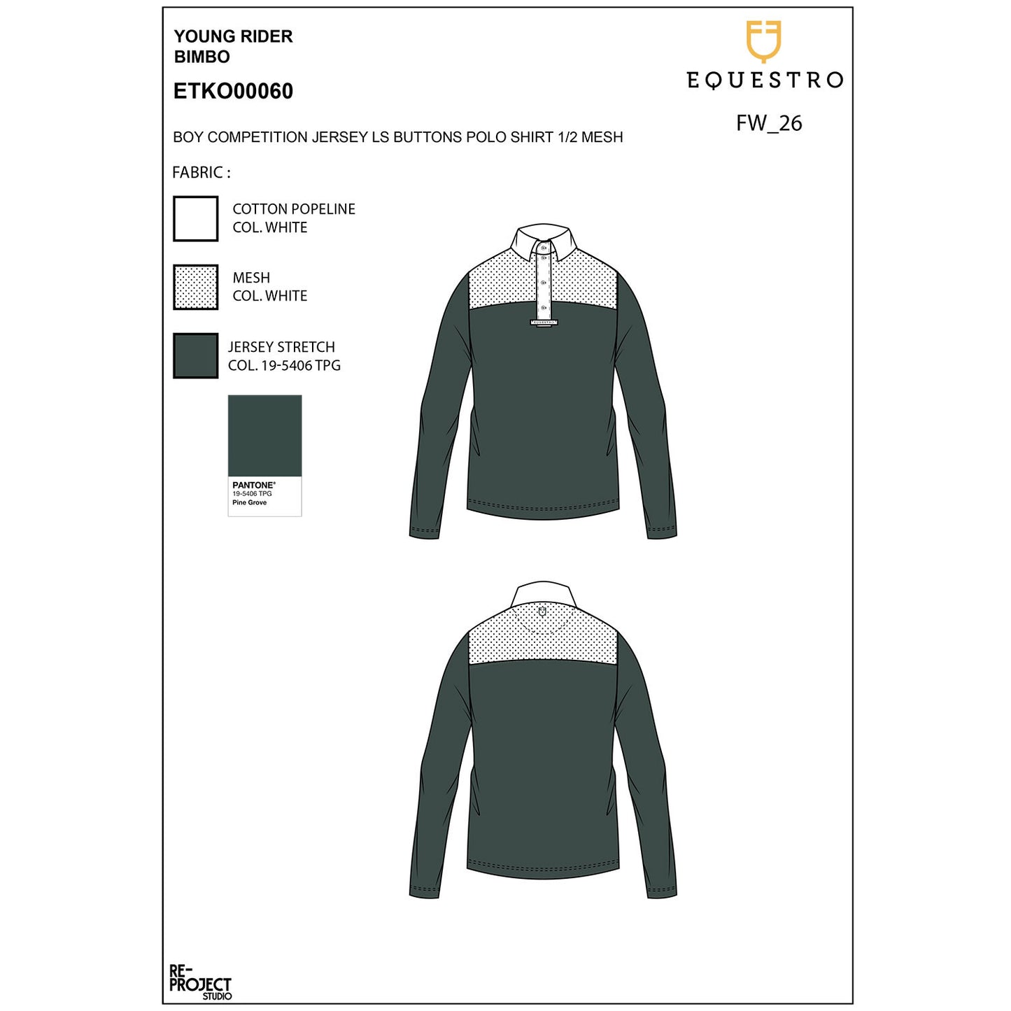 Polo de niño de manga larga con botones Equestro - Pine Grove (19-5406)/White