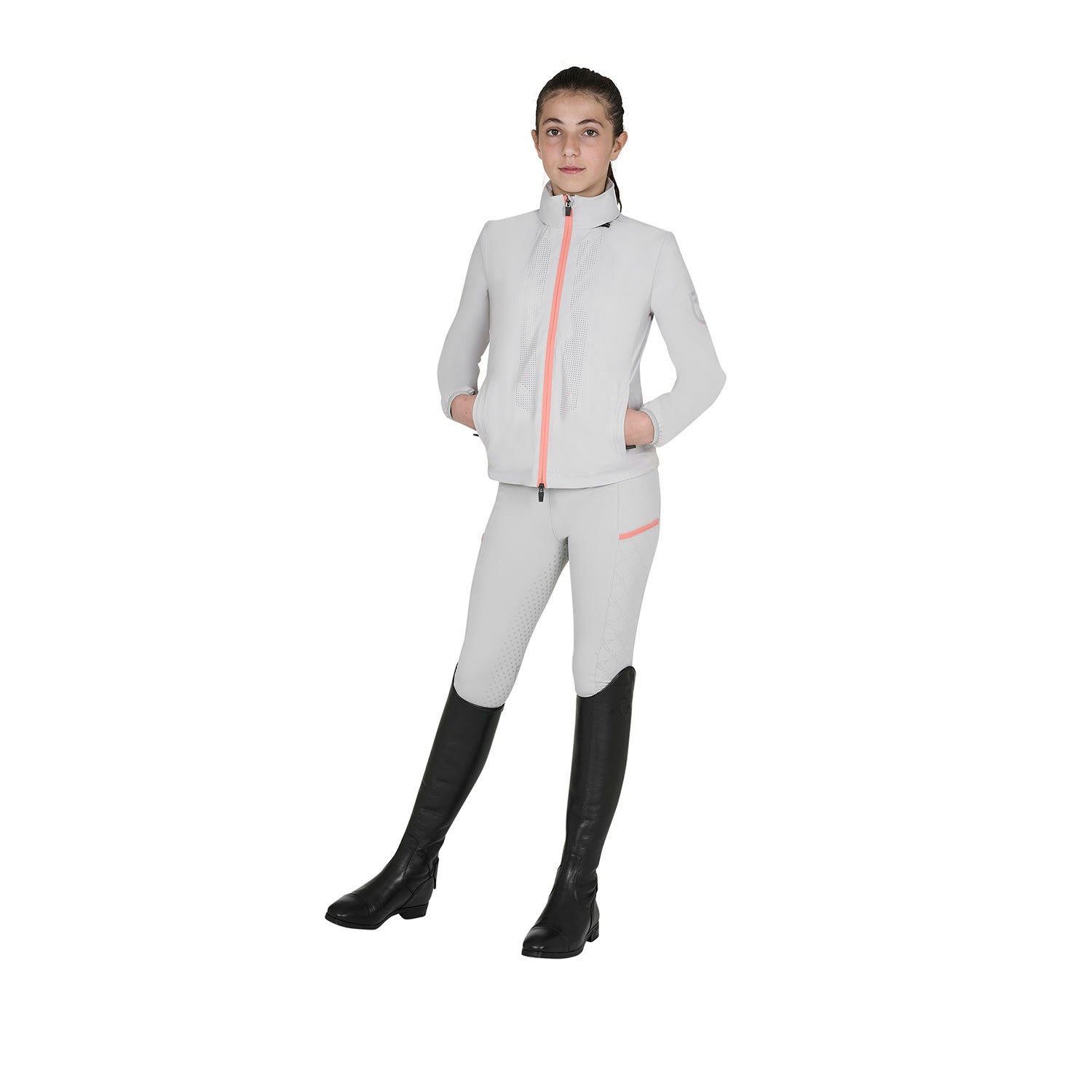 Softshell unisex para niños con logo en la espalda Equestro - Harbor Mist (14-4202)/Desert Flower