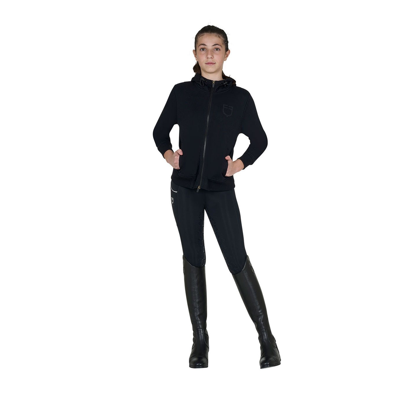 Sudadera infantil unisex con capucha y cremallera frontal Equestro - Negro