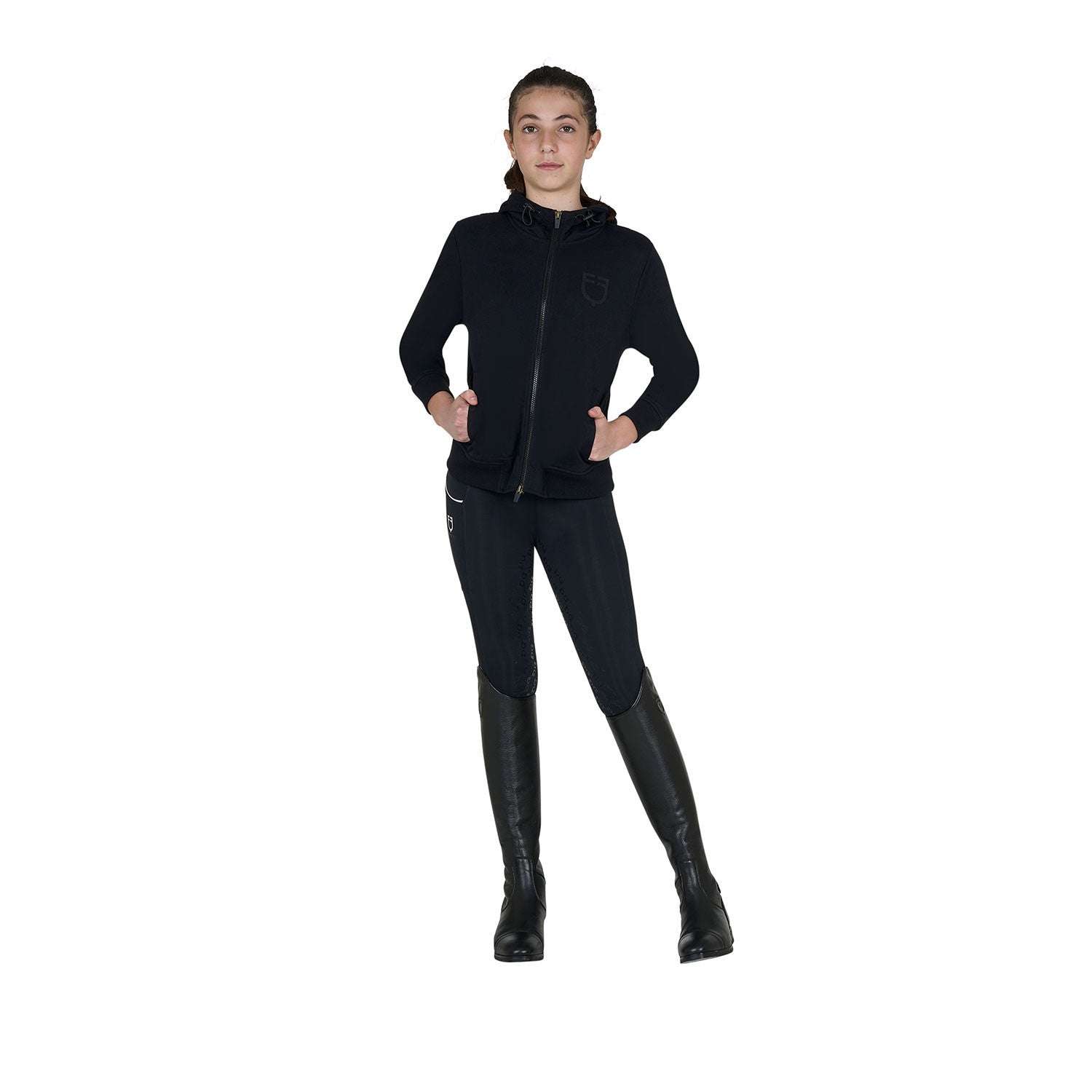 Sudadera infantil unisex con capucha y cremallera frontal Equestro - Negro